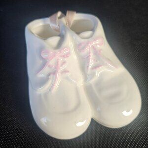 White Ceramic Baby Shoe Ornament With Pink Details Baby Girl Ornament 3 Inches